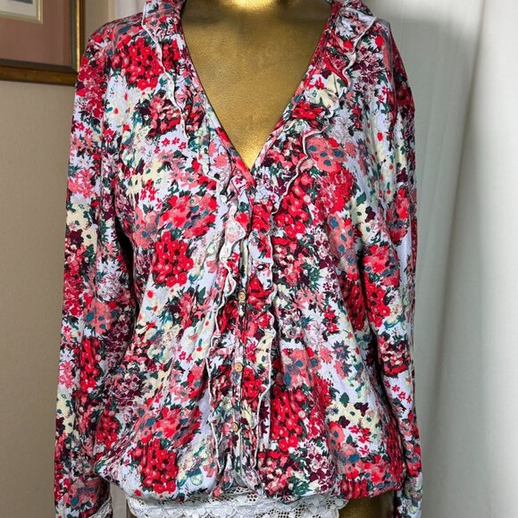 Free People Women's Heat Wave Thong Bodysuit Size Medium Floral Ruffle Blue Red - Picture 2 of 10